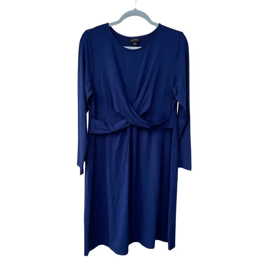 J Jill Wearever Blue Draped Midi Dress Long Sleeve Travel LP Large Petite - Picture 1 of 6
